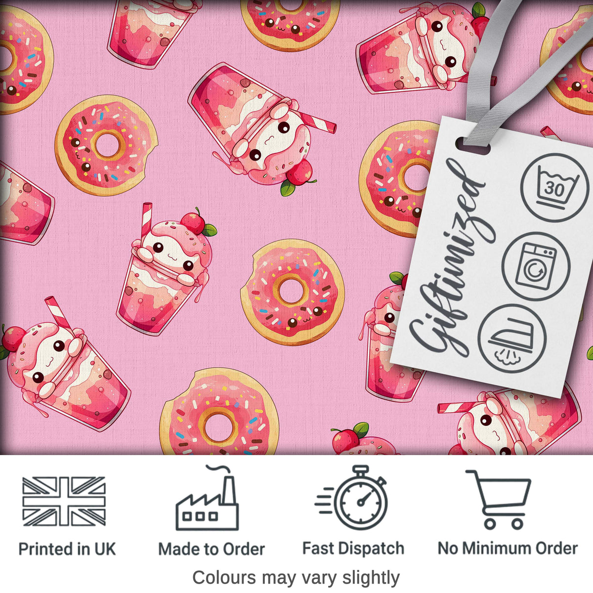 Cute Kawaii Donuts and Strawberry Milkshake Pink Background Seamless Pattern Digital Print Fabric by the Metre UK Sewing