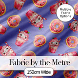 Cute Kawaii Donuts and Strawberry Milkshake Blue Background Seamless Pattern Digital Print Fabric by the Metre UK Sewing