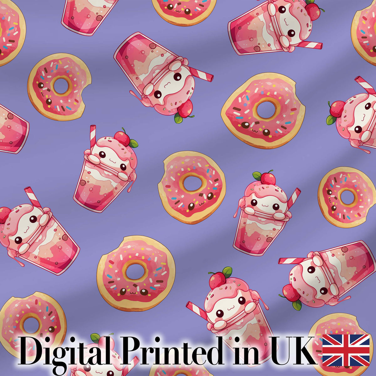 Cute Kawaii Donuts and Strawberry Milkshake Blue Background Seamless Pattern Digital Print Fabric by the Metre UK Sewing
