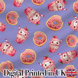 Cute Kawaii Donuts and Strawberry Milkshake Blue Background Seamless Pattern Digital Print Fabric by the Metre UK Sewing