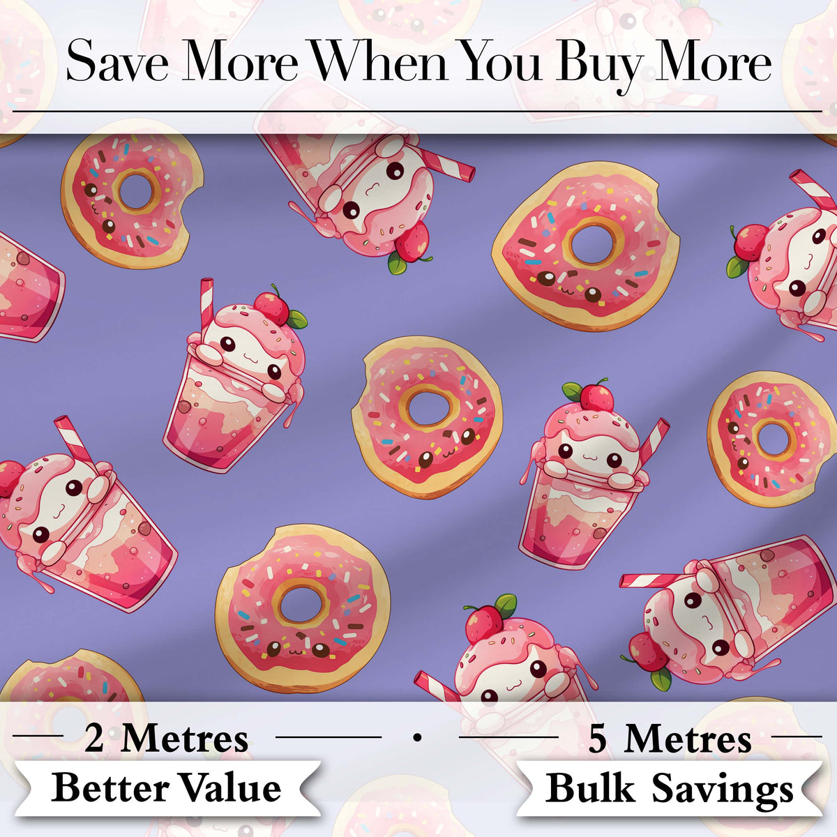 Cute Kawaii Donuts and Strawberry Milkshake Blue Background Seamless Pattern Digital Print Fabric by the Metre UK Sewing