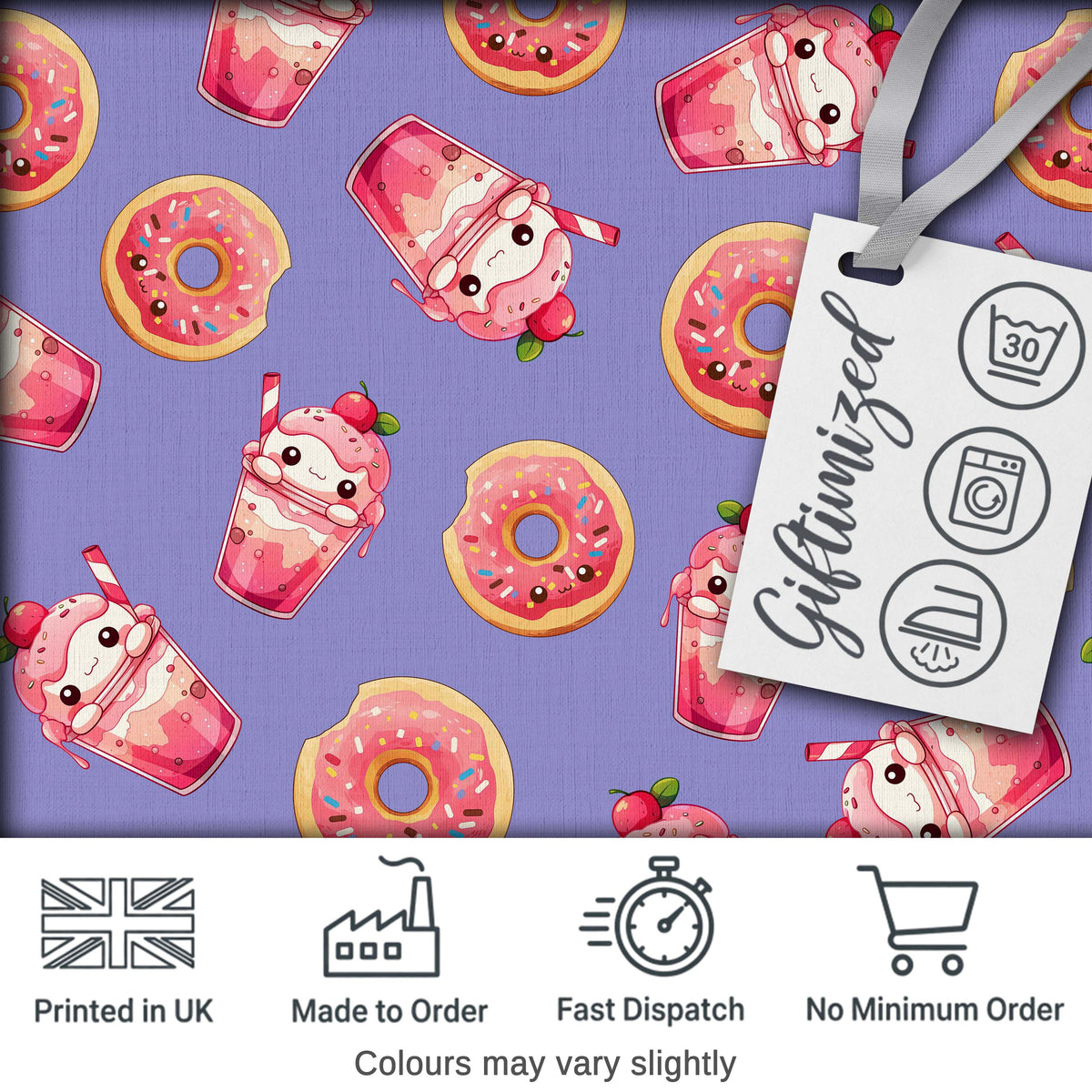 Cute Kawaii Donuts and Strawberry Milkshake Blue Background Seamless Pattern Digital Print Fabric by the Metre UK Sewing