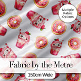 Cute Kawaii Donuts and Strawberry Milkshake White Background Seamless Pattern Digital Print Fabric by the Metre UK Sewing
