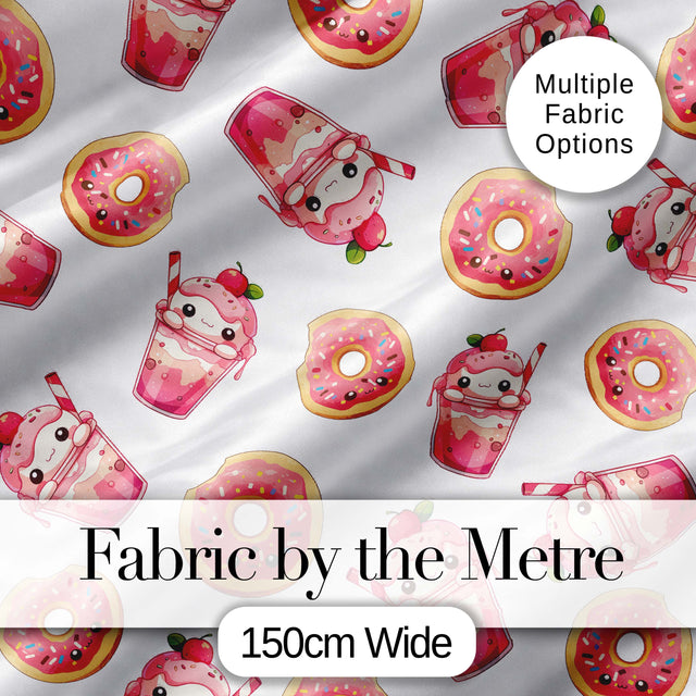 Cute Kawaii Donuts and Strawberry Milkshake White Background Seamless Pattern Digital Print Fabric by the Metre UK Sewing