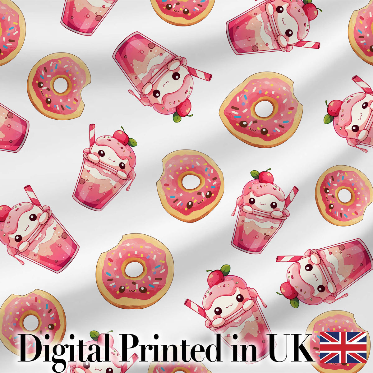 Cute Kawaii Donuts and Strawberry Milkshake White Background Seamless Pattern Digital Print Fabric by the Metre UK Sewing