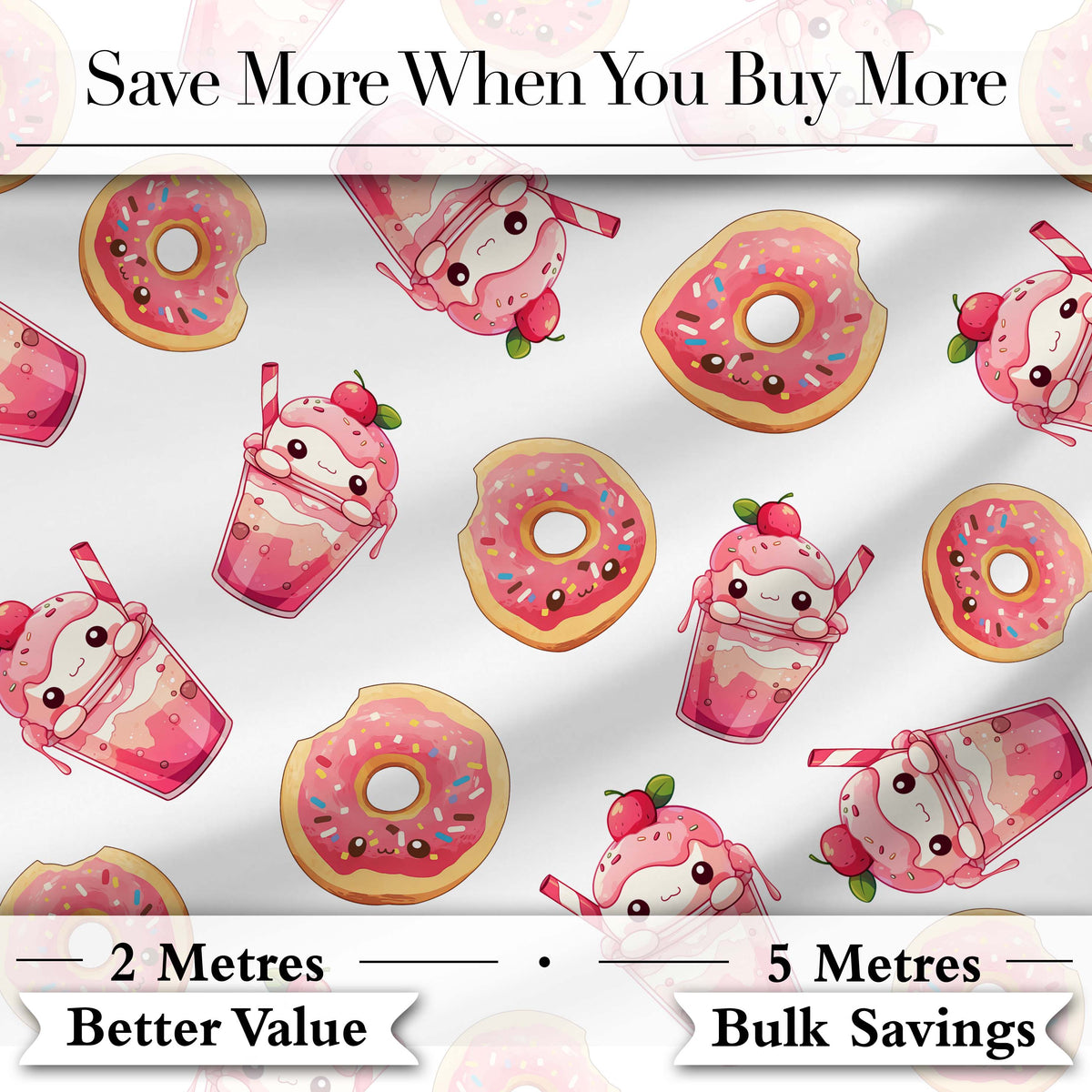 Cute Kawaii Donuts and Strawberry Milkshake White Background Seamless Pattern Digital Print Fabric by the Metre UK Sewing