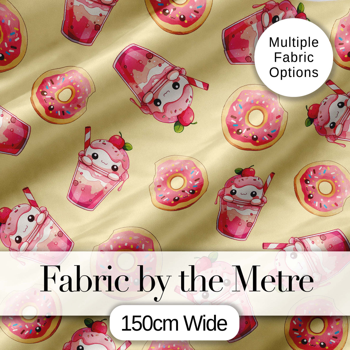 Cute Kawaii Donuts and Strawberry Milkshake Yellow Background Seamless Pattern Digital Print Fabric by the Metre UK Sewing