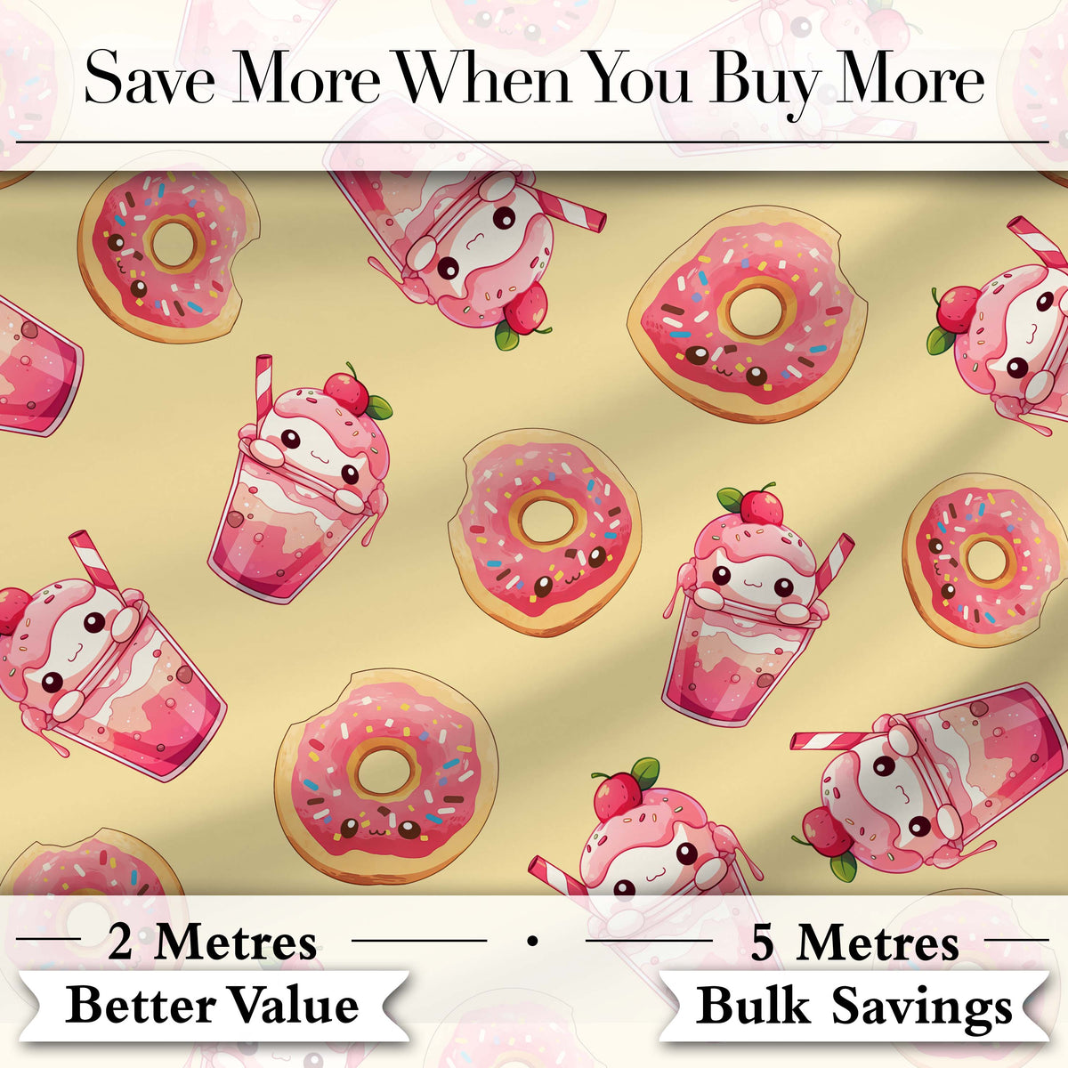 Cute Kawaii Donuts and Strawberry Milkshake Yellow Background Seamless Pattern Digital Print Fabric by the Metre UK Sewing