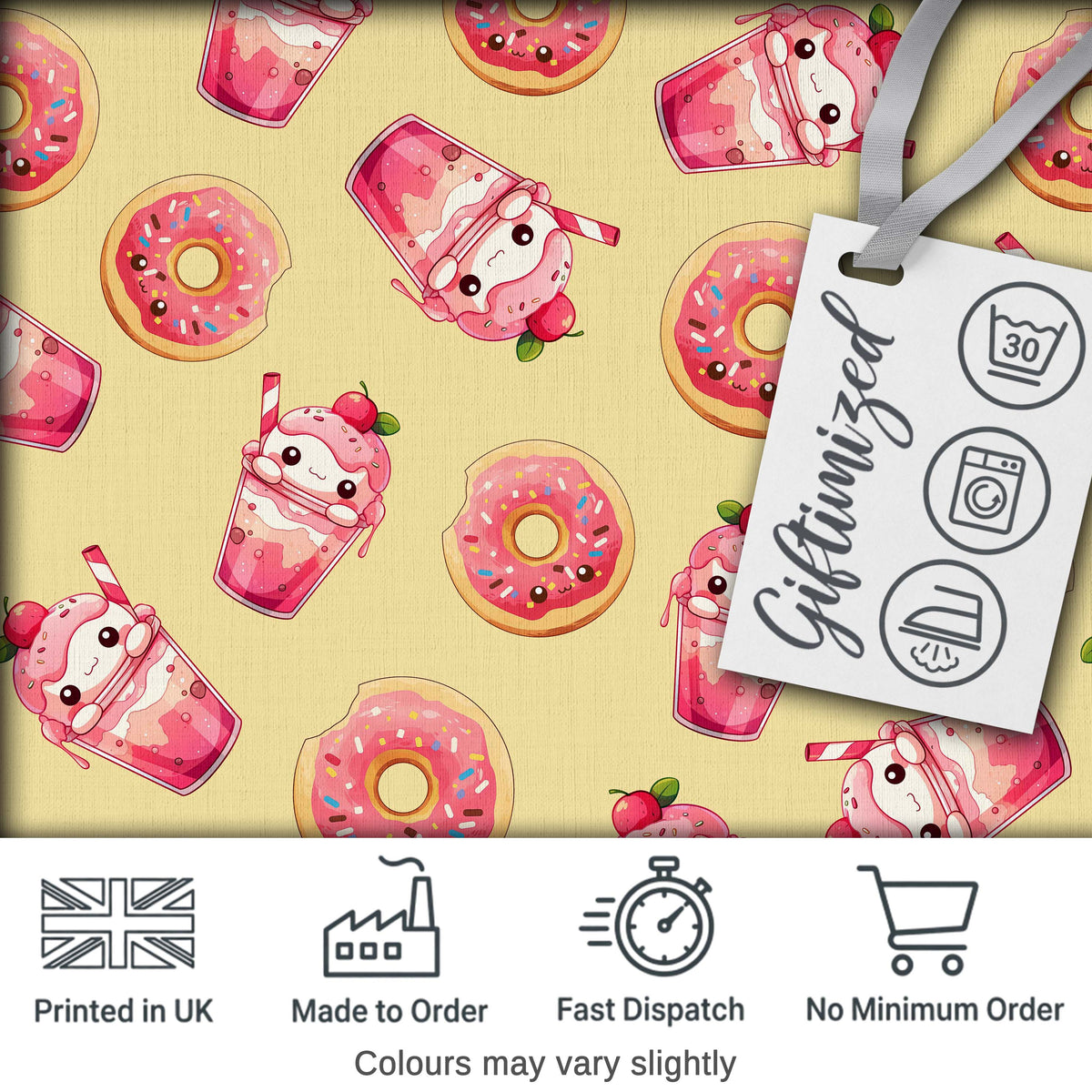 Cute Kawaii Donuts and Strawberry Milkshake Yellow Background Seamless Pattern Digital Print Fabric by the Metre UK Sewing
