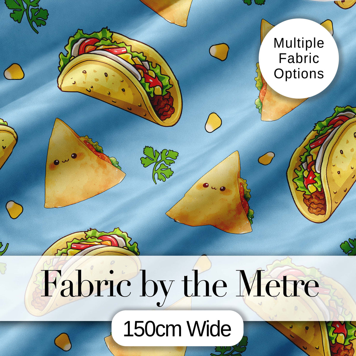 Cute Kawaii Tacos and Wraps Blue Background Seamless Pattern Digital Print Fabric by the Metre UK Sewing Quilting Textile