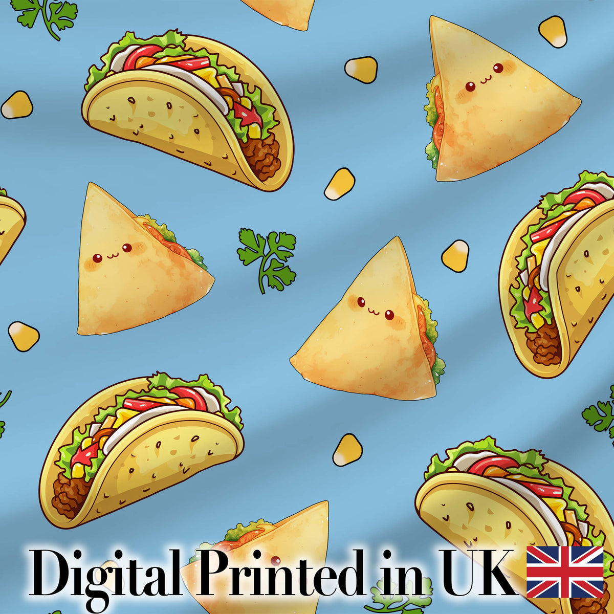 Cute Kawaii Tacos and Wraps Blue Background Seamless Pattern Digital Print Fabric by the Metre UK Sewing Quilting Textile