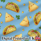 Cute Kawaii Tacos and Wraps Blue Background Seamless Pattern Digital Print Fabric by the Metre UK Sewing Quilting Textile