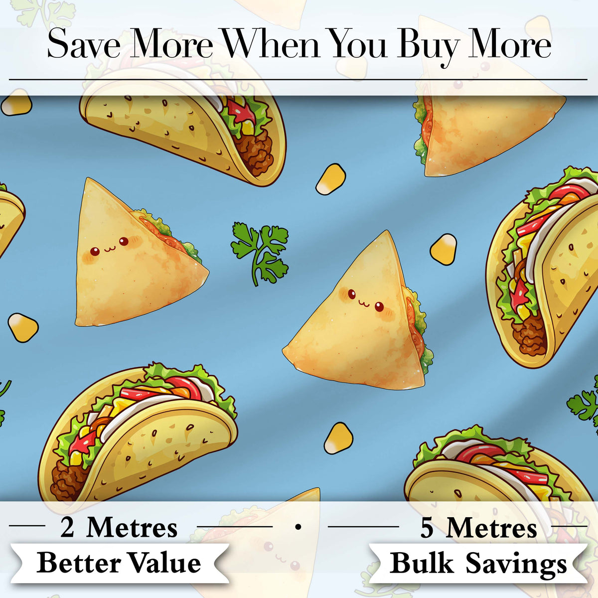 Cute Kawaii Tacos and Wraps Blue Background Seamless Pattern Digital Print Fabric by the Metre UK Sewing Quilting Textile