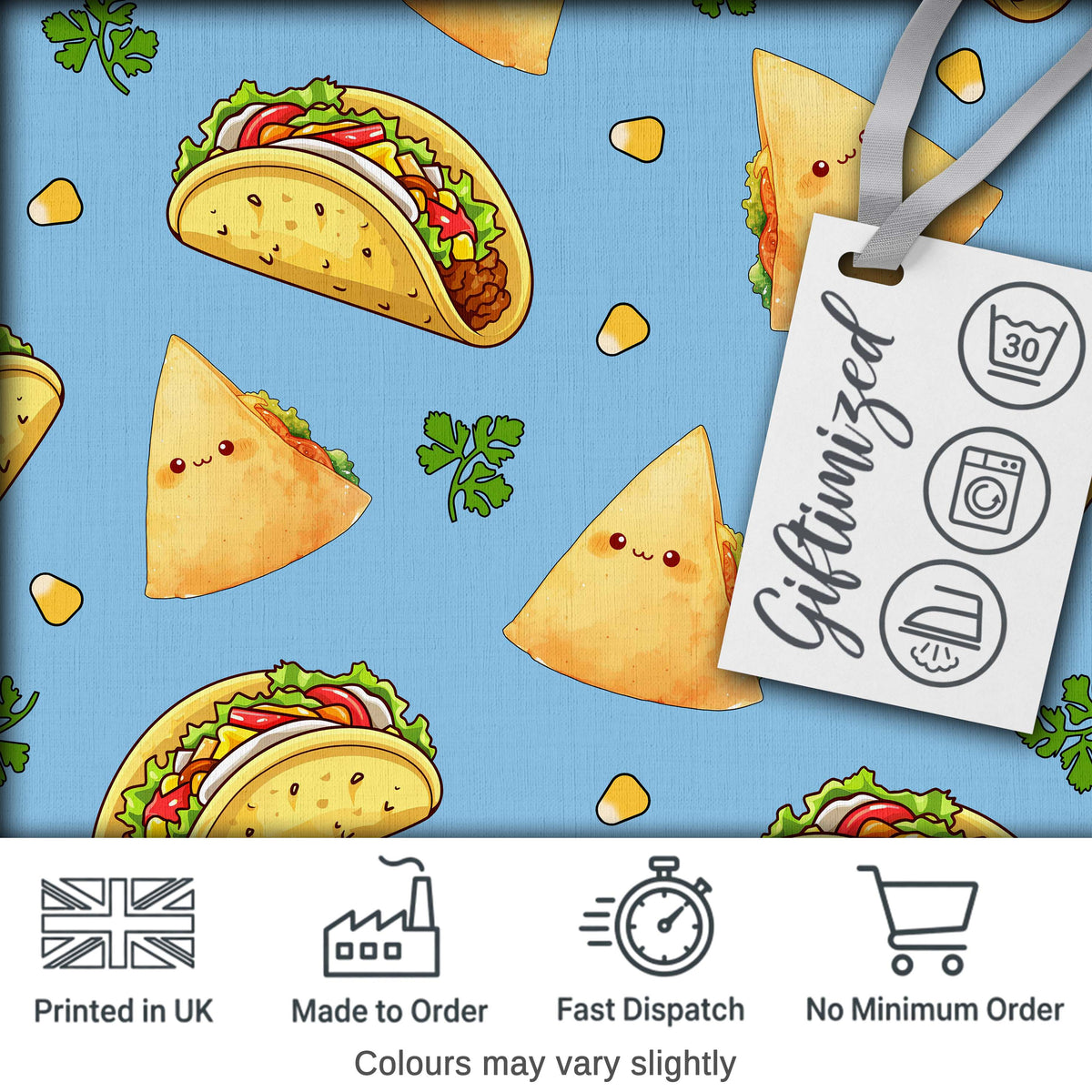 Cute Kawaii Tacos and Wraps Blue Background Seamless Pattern Digital Print Fabric by the Metre UK Sewing Quilting Textile