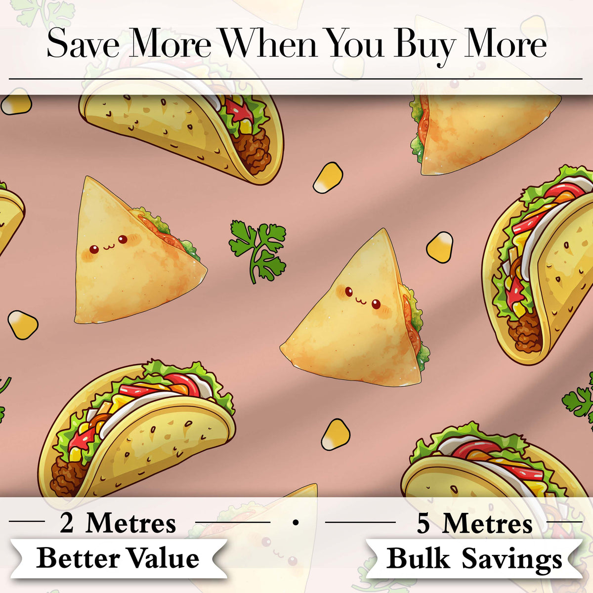 Cute Kawaii Tacos and Wraps Peach Background Seamless Pattern Digital Print Fabric by the Metre UK Sewing Quilting Textile