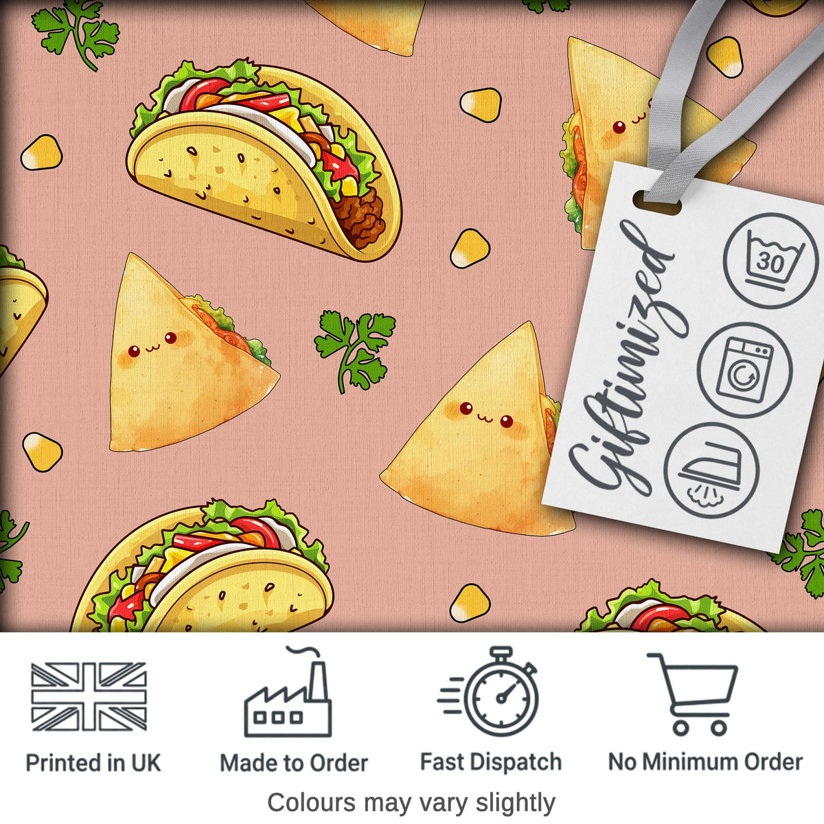Cute Kawaii Tacos and Wraps Peach Background Seamless Pattern Digital Print Fabric by the Metre UK Sewing Quilting Textile