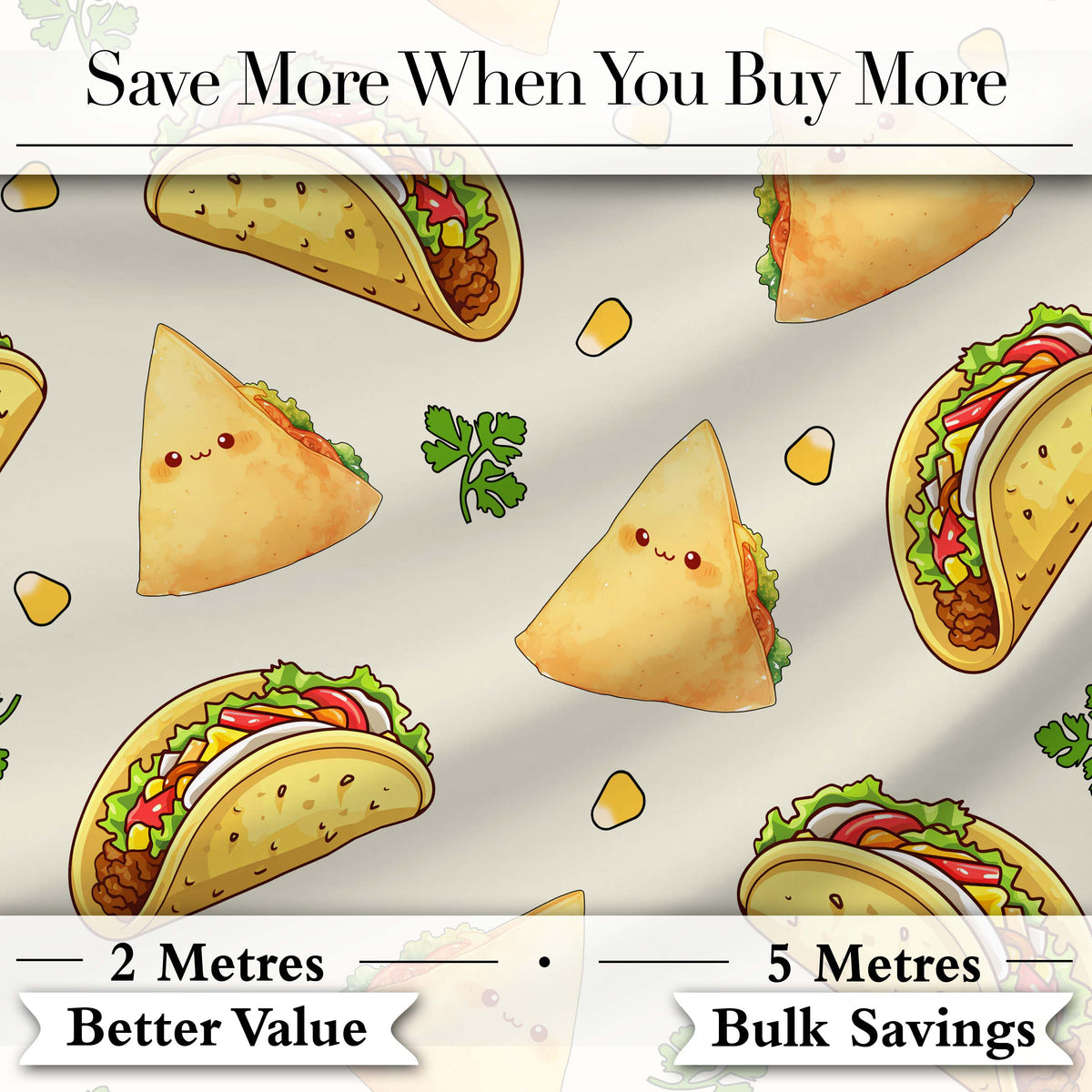 Cute Kawaii Tacos and Wraps Cream Background Seamless Pattern Digital Print Fabric by the Metre UK Sewing Quilting Textile