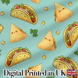 Cute Kawaii Tacos and Wraps Seamless Pattern Teal Background Digital Print Fabric by the Metre UK Sewing Quilting Textile