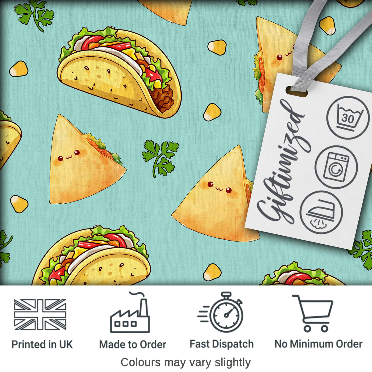 Cute Kawaii Tacos and Wraps Seamless Pattern Teal Background Digital Print Fabric by the Metre UK Sewing Quilting Textile