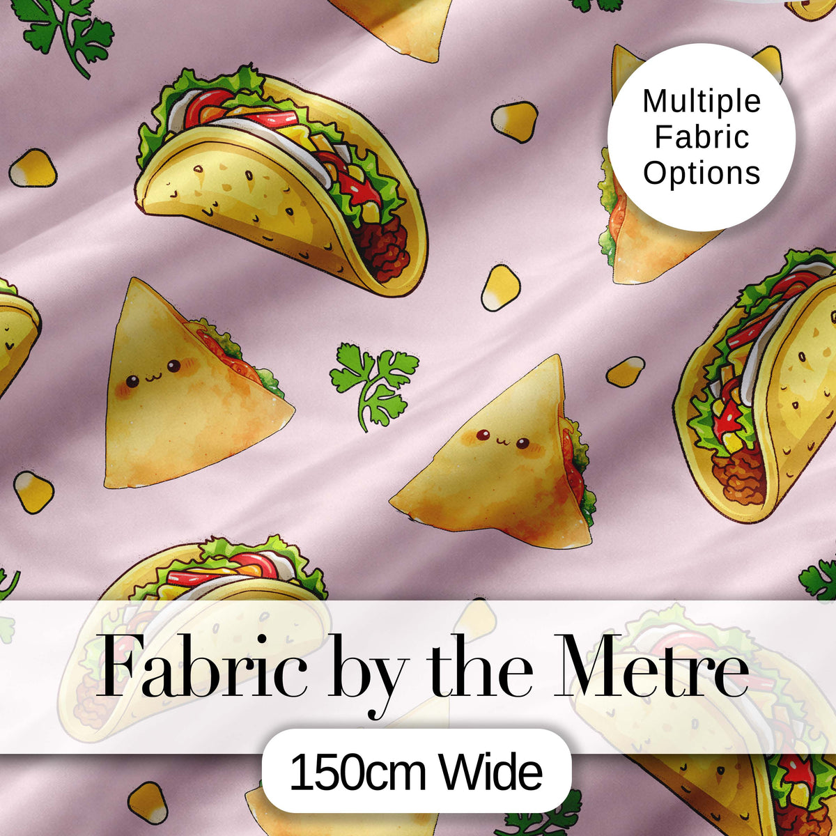 Cute Kawaii Tacos and Wraps Seamless Pattern Soft Pink Background Digital Print Fabric by the Metre UK Sewing Quilting Textile