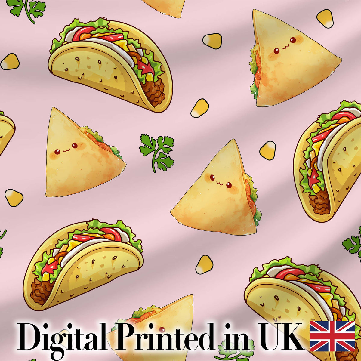 Cute Kawaii Tacos and Wraps Seamless Pattern Soft Pink Background Digital Print Fabric by the Metre UK Sewing Quilting Textile
