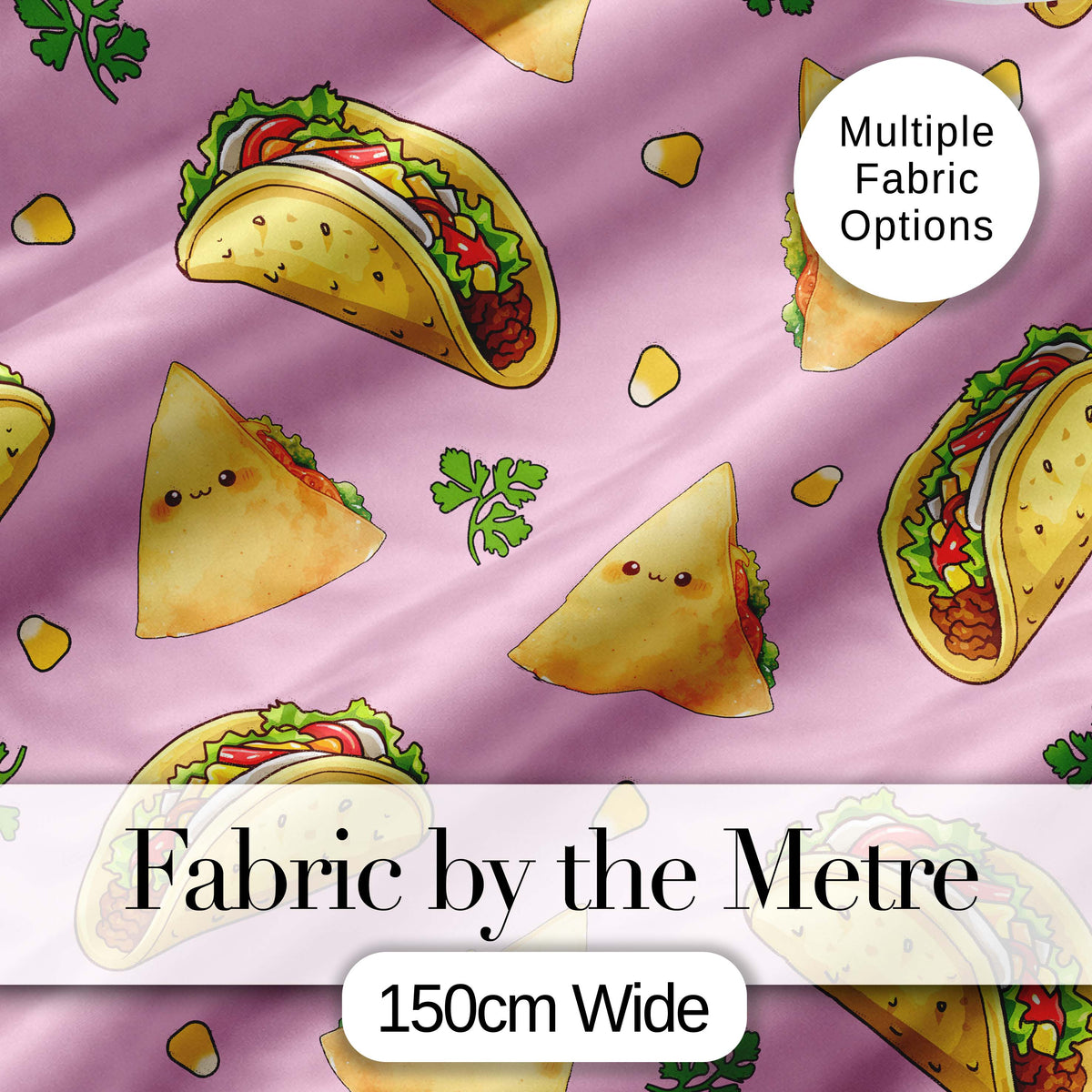 Cute Kawaii Tacos and Wraps Seamless Pattern Bright Pink Background Digital Print Fabric by the Metre UK Sewing Quilting Textile