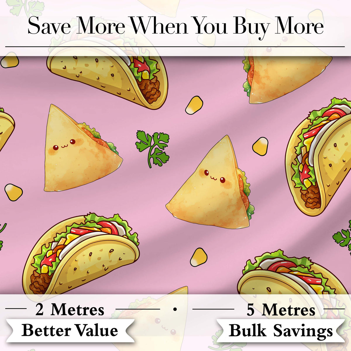 Cute Kawaii Tacos and Wraps Seamless Pattern Bright Pink Background Digital Print Fabric by the Metre UK Sewing Quilting Textile