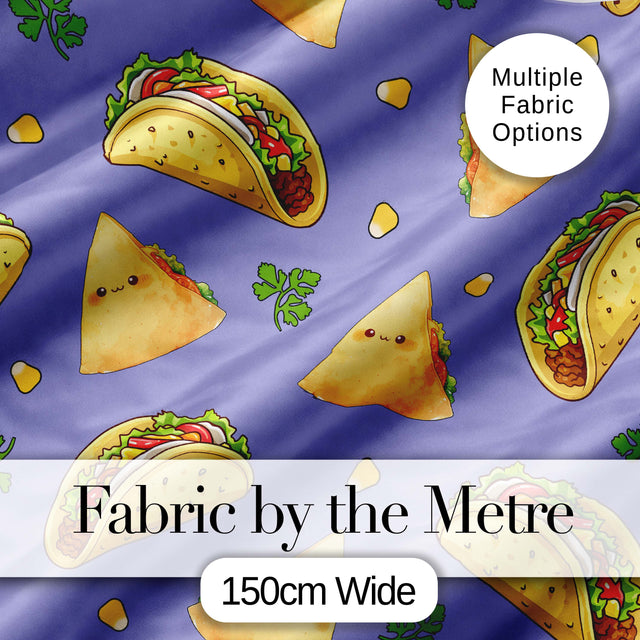 Cute Kawaii Tacos and Wraps Seamless Pattern Purple Background Digital Print Fabric by the Metre UK Sewing Quilting Textile