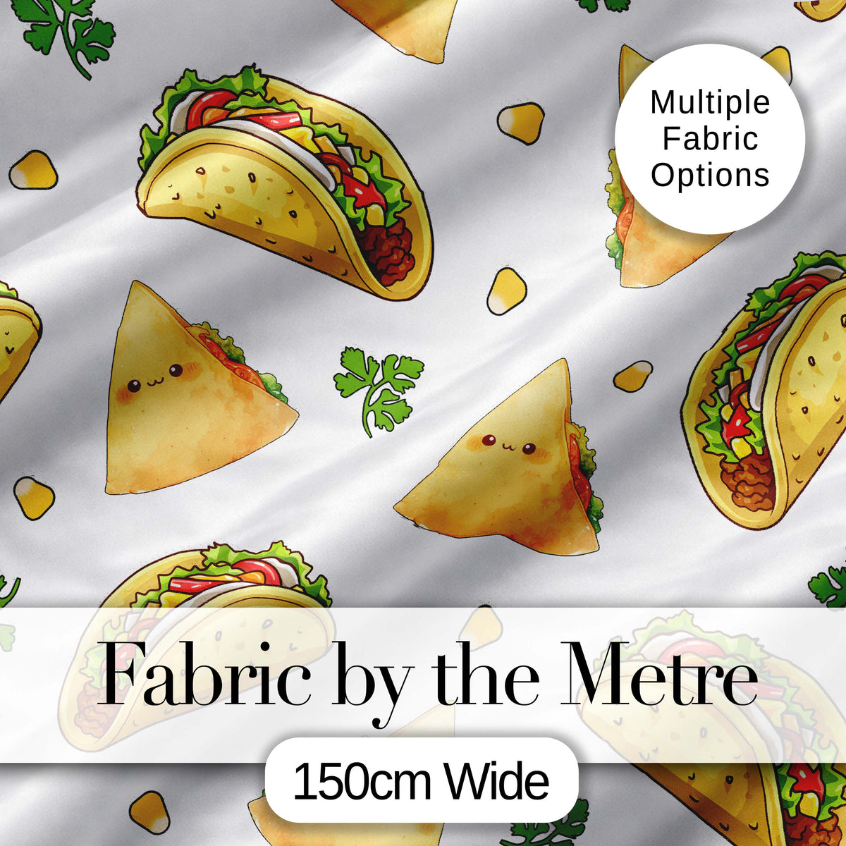 Cute Kawaii Tacos and Wraps Seamless Pattern Light Grey Background Digital Print Fabric by the Metre UK Sewing Quilting Textile