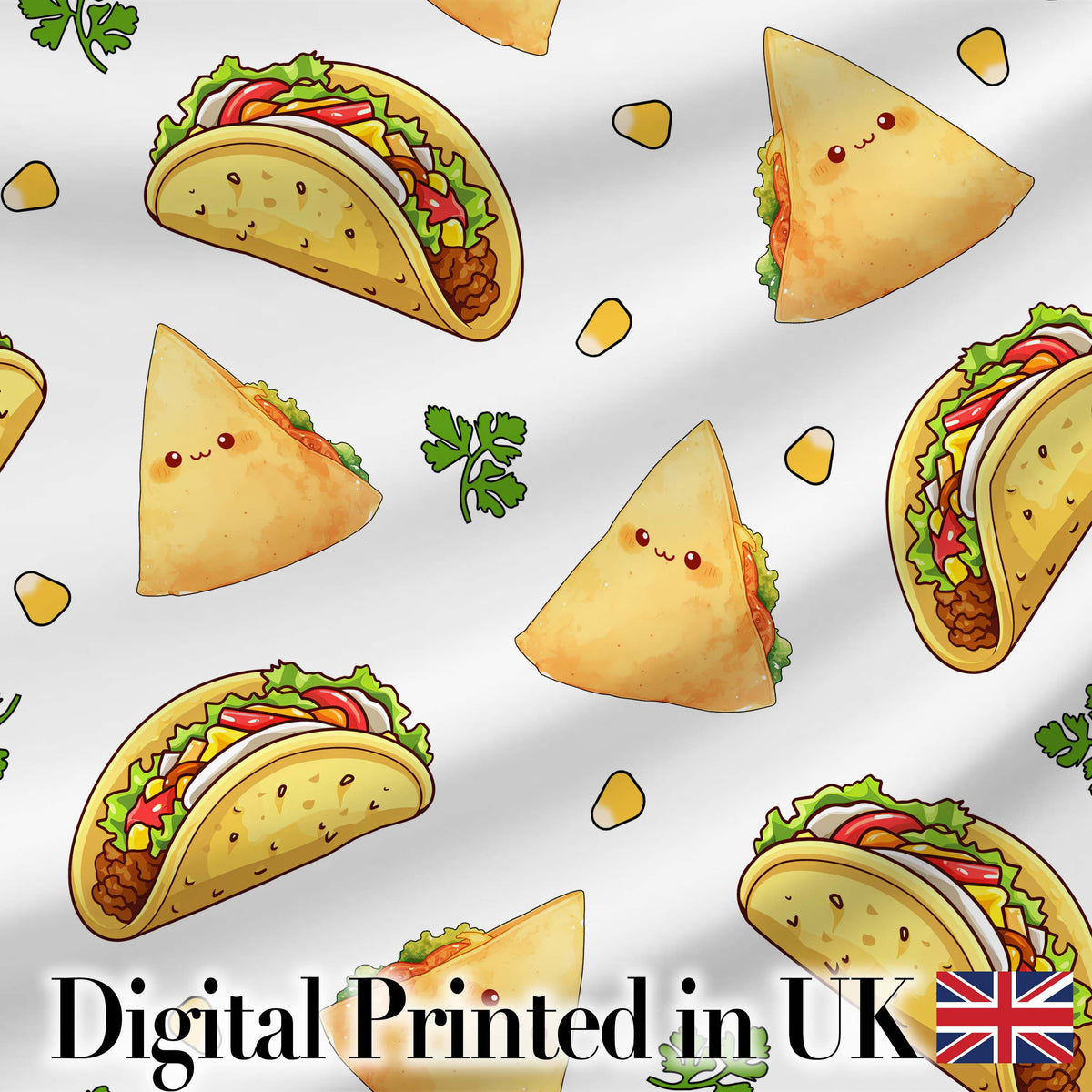 Cute Kawaii Tacos and Wraps Seamless Pattern Light Grey Background Digital Print Fabric by the Metre UK Sewing Quilting Textile