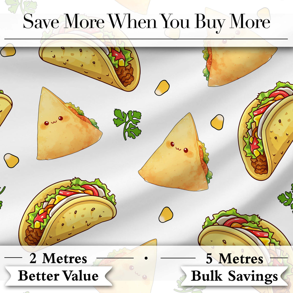 Cute Kawaii Tacos and Wraps Seamless Pattern Light Grey Background Digital Print Fabric by the Metre UK Sewing Quilting Textile