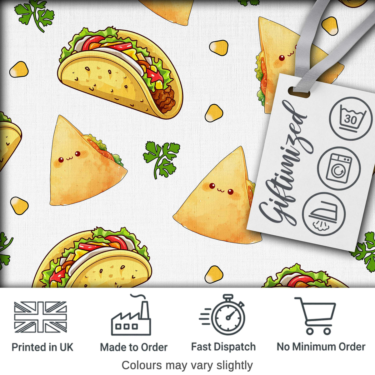 Cute Kawaii Tacos and Wraps Seamless Pattern Light Grey Background Digital Print Fabric by the Metre UK Sewing Quilting Textile