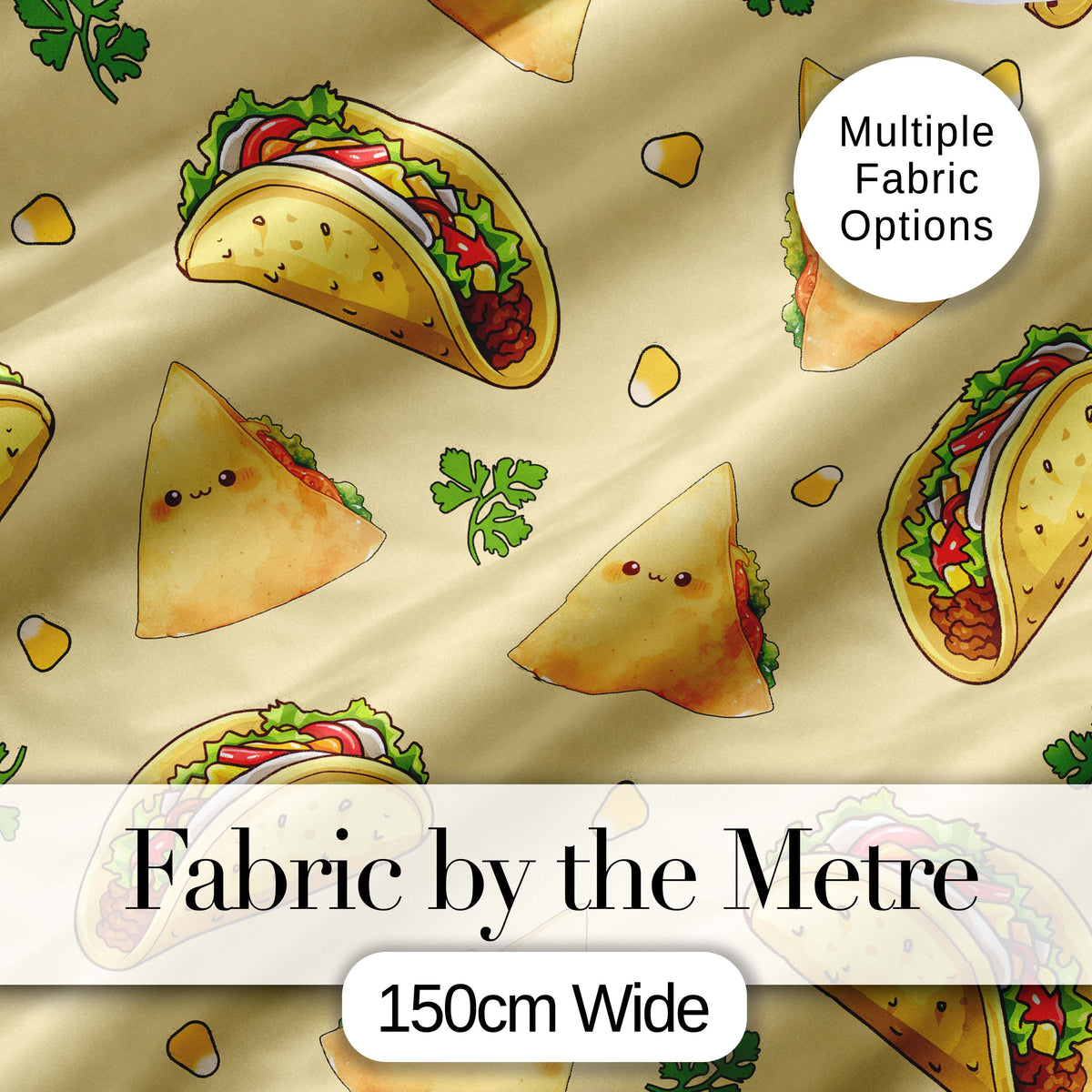 Cute Kawaii Tacos and Wraps Seamless Pattern Yellow Background Digital Print Fabric by the Metre UK Sewing Quilting Textile