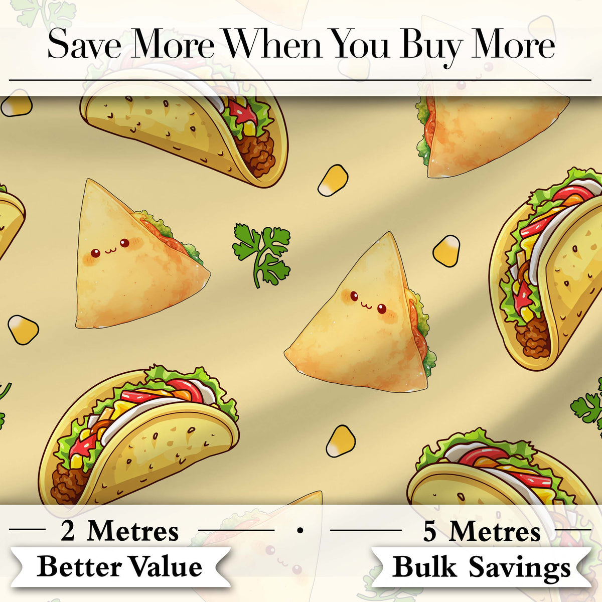 Cute Kawaii Tacos and Wraps Seamless Pattern Yellow Background Digital Print Fabric by the Metre UK Sewing Quilting Textile