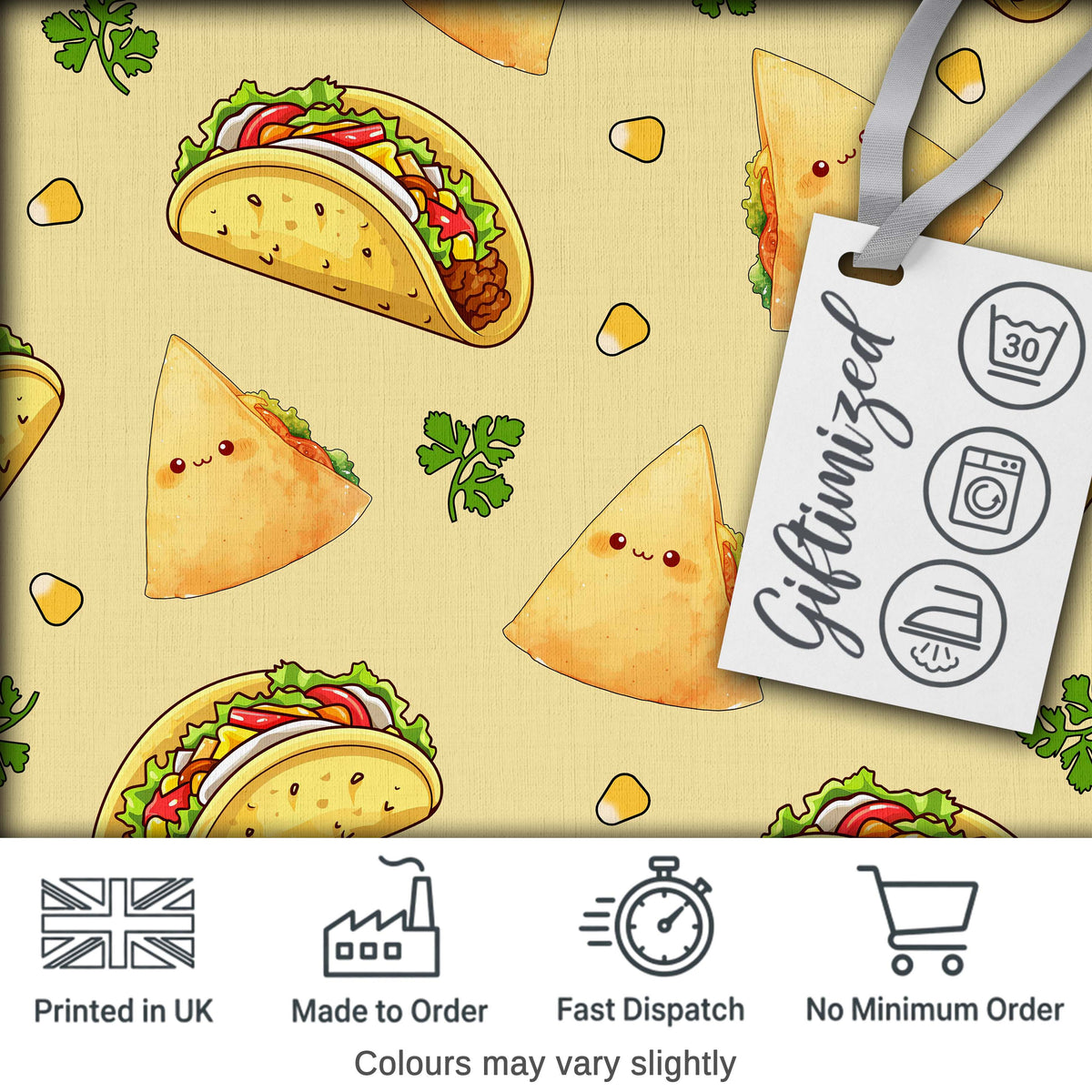 Cute Kawaii Tacos and Wraps Seamless Pattern Yellow Background Digital Print Fabric by the Metre UK Sewing Quilting Textile