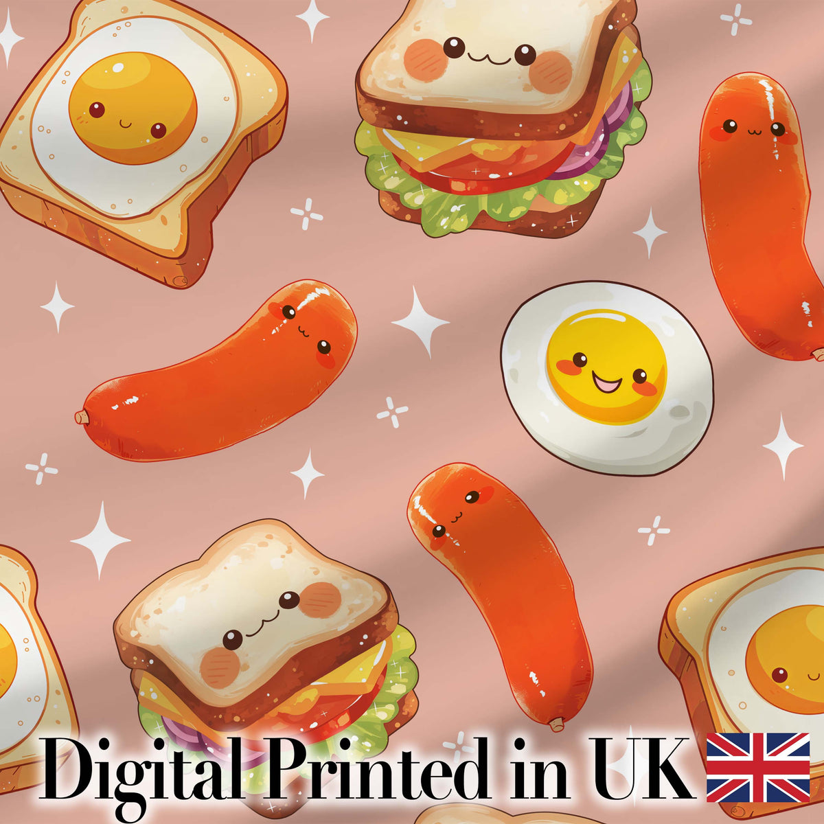 Kawaii Breakfast Eggs Sausage and Sandwich Beige  Seamless Pattern Digital Print Fabric by the Metre UK Sewing Quilting Textile