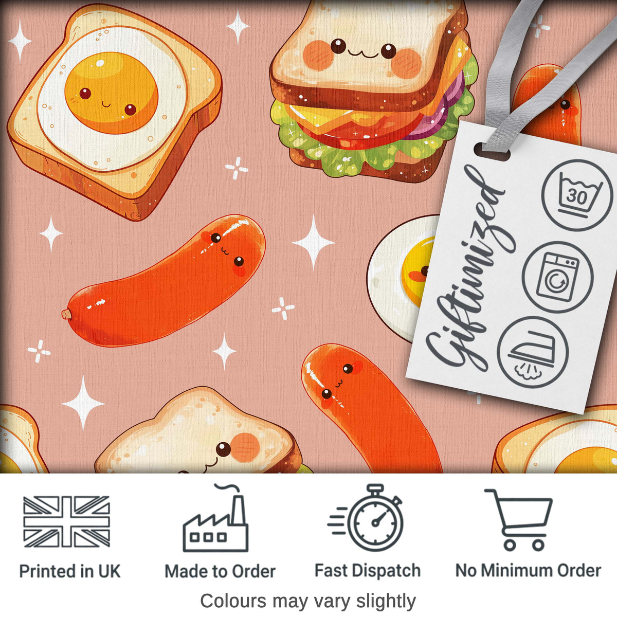 Kawaii Breakfast Eggs Sausage and Sandwich Beige  Seamless Pattern Digital Print Fabric by the Metre UK Sewing Quilting Textile