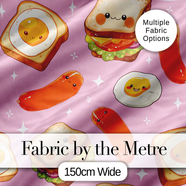 Kawaii Breakfast Eggs Sausage and Sandwich Bright Pink  Seamless Pattern Digital Print Fabric by the Metre UK Sewing Quilting Textile