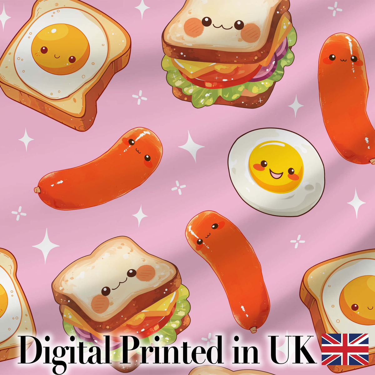 Kawaii Breakfast Eggs Sausage and Sandwich Bright Pink  Seamless Pattern Digital Print Fabric by the Metre UK Sewing Quilting Textile