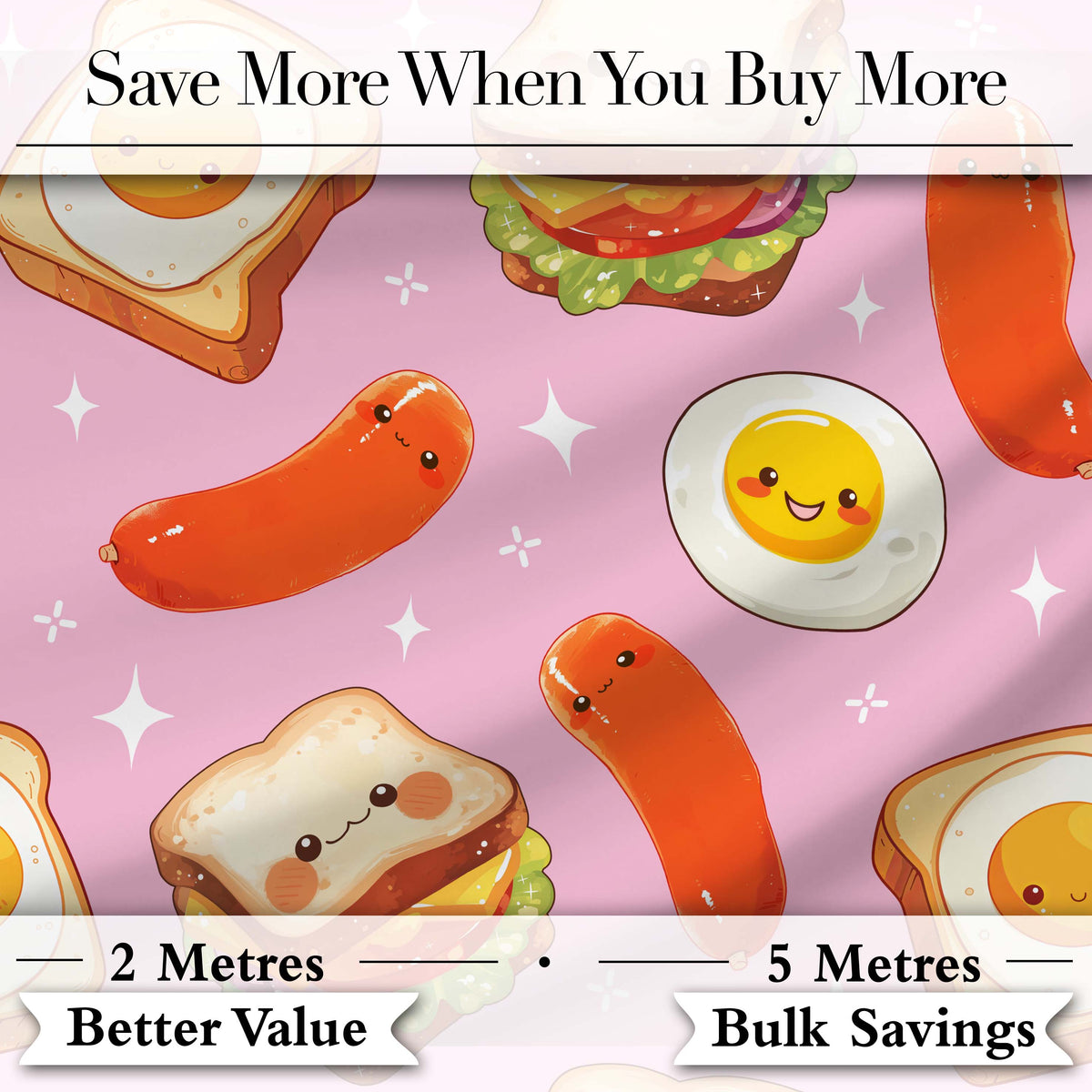 Kawaii Breakfast Eggs Sausage and Sandwich Bright Pink  Seamless Pattern Digital Print Fabric by the Metre UK Sewing Quilting Textile