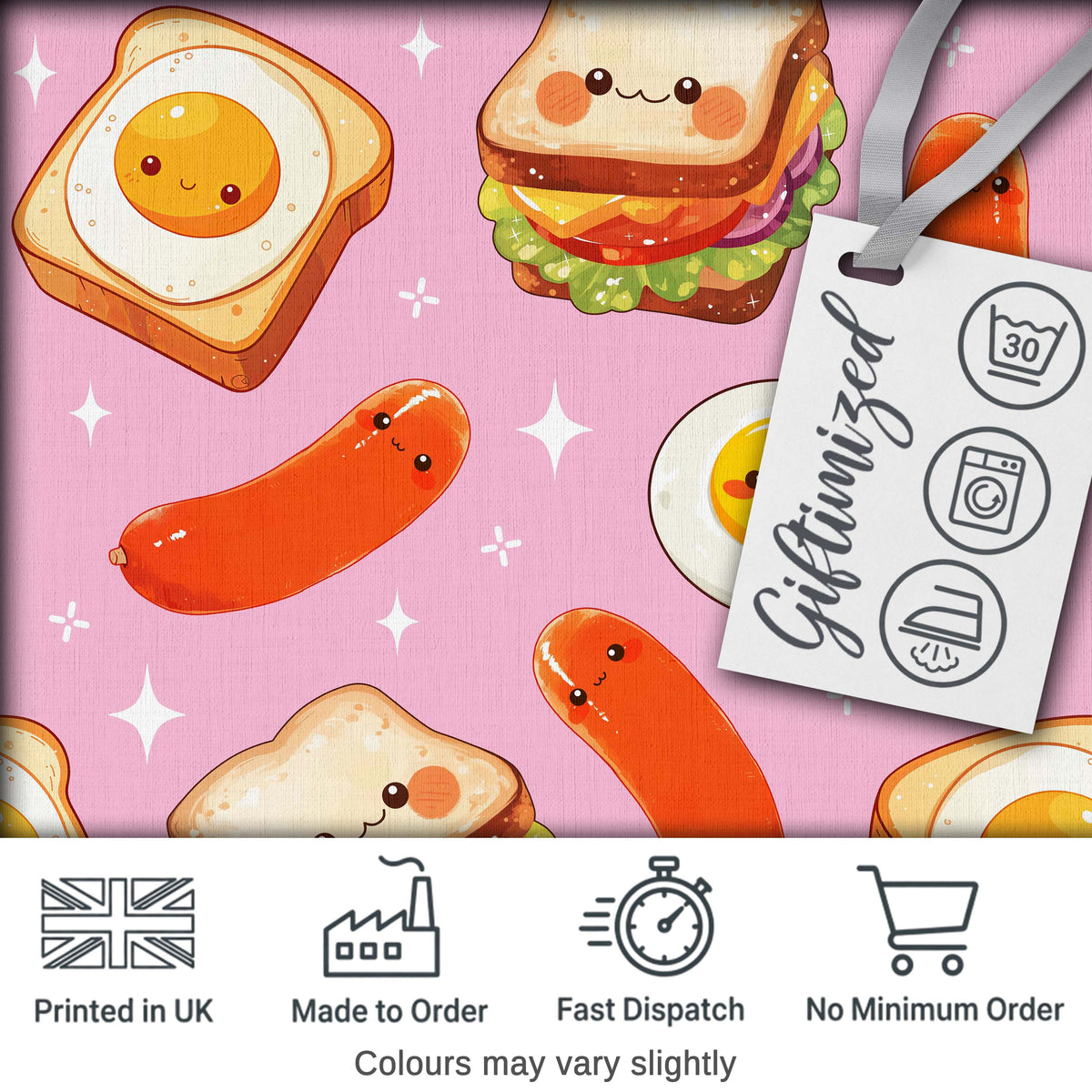 Kawaii Breakfast Eggs Sausage and Sandwich Bright Pink  Seamless Pattern Digital Print Fabric by the Metre UK Sewing Quilting Textile