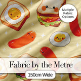 Kawaii Breakfast Eggs Sausage and Sandwich Yellow  Seamless Pattern Digital Print Fabric by the Metre UK Sewing Quilting Textile
