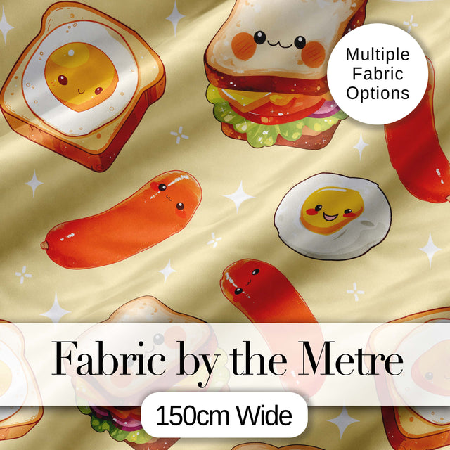 Kawaii Breakfast Eggs Sausage and Sandwich Yellow  Seamless Pattern Digital Print Fabric by the Metre UK Sewing Quilting Textile