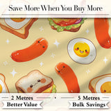 Kawaii Breakfast Eggs Sausage and Sandwich Yellow  Seamless Pattern Digital Print Fabric by the Metre UK Sewing Quilting Textile