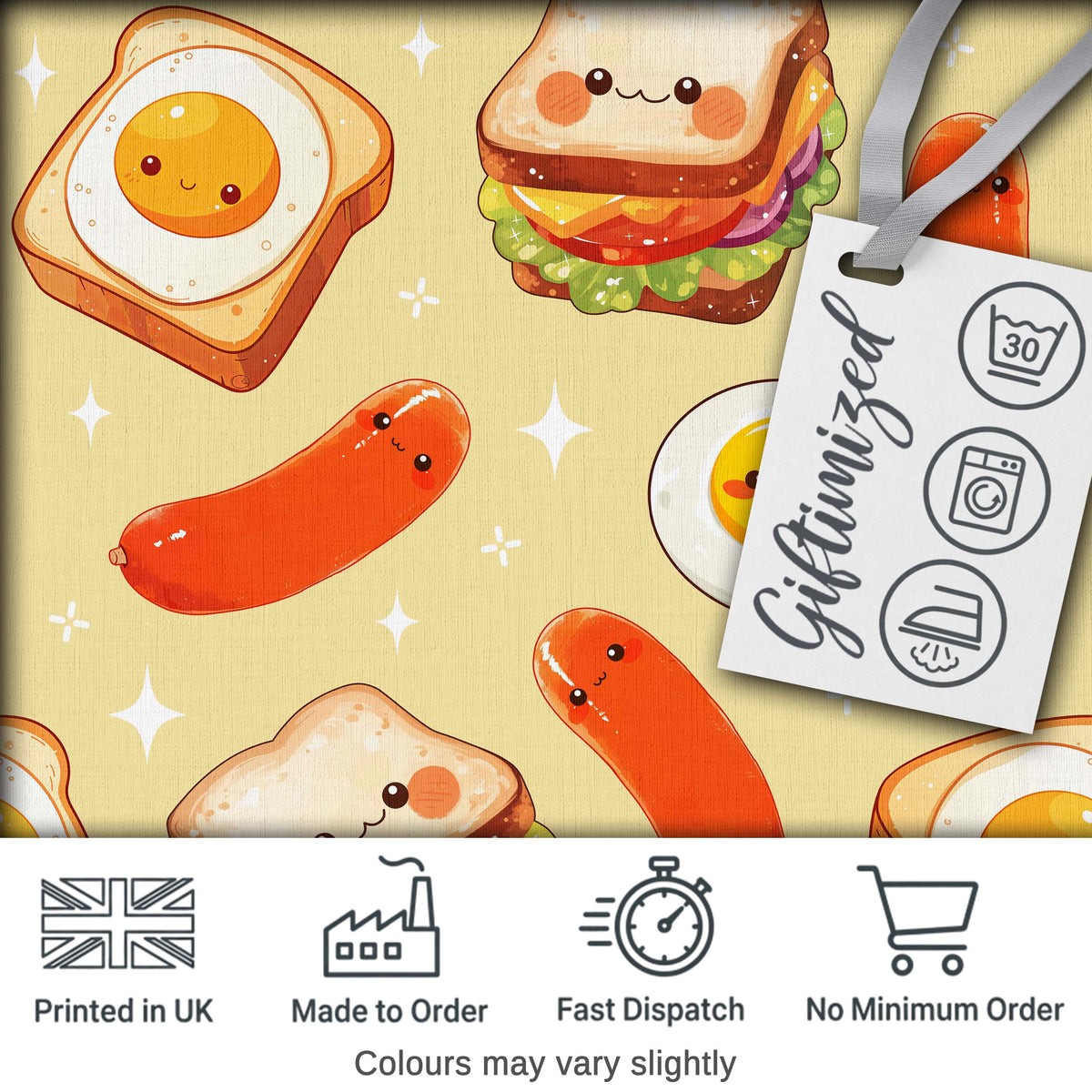 Kawaii Breakfast Eggs Sausage and Sandwich Yellow  Seamless Pattern Digital Print Fabric by the Metre UK Sewing Quilting Textile