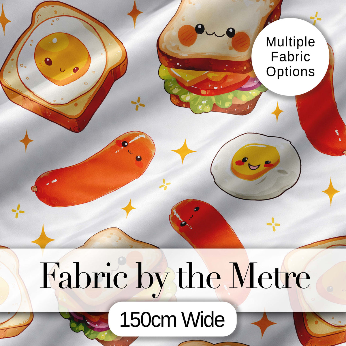 Kawaii Breakfast Eggs Sausage and Sandwich Light Grey  Seamless Pattern Digital Print Fabric by the Metre UK Sewing Quilting Textile