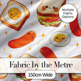 Kawaii Breakfast Eggs Sausage and Sandwich Light Grey  Seamless Pattern Digital Print Fabric by the Metre UK Sewing Quilting Textile