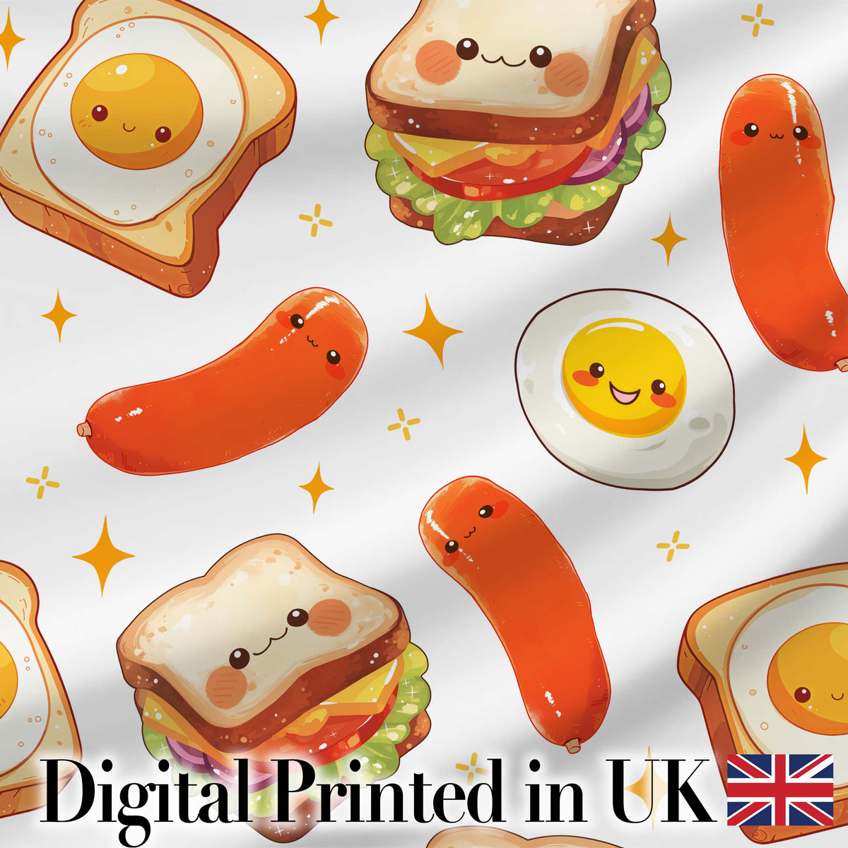 Kawaii Breakfast Eggs Sausage and Sandwich Light Grey  Seamless Pattern Digital Print Fabric by the Metre UK Sewing Quilting Textile