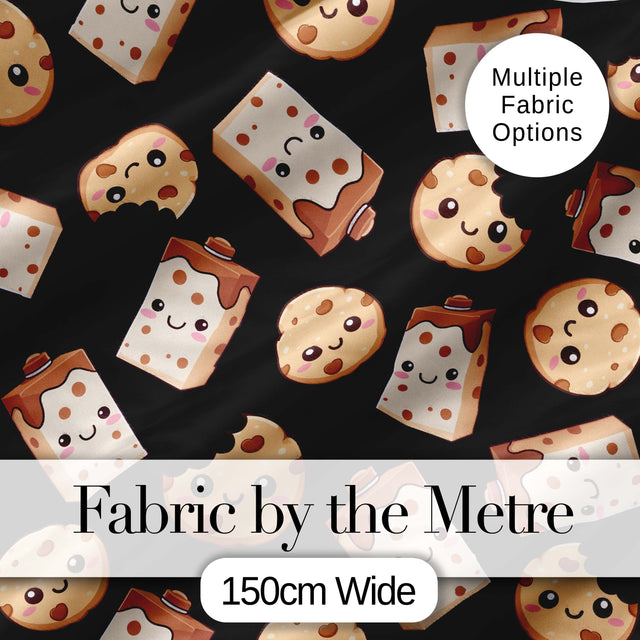 Cute Kawaii Cookies and Chocolate Milk Carton Black Background Seamless Pattern Digital Print Fabric by the Metre UK Sewing Quilting Textile