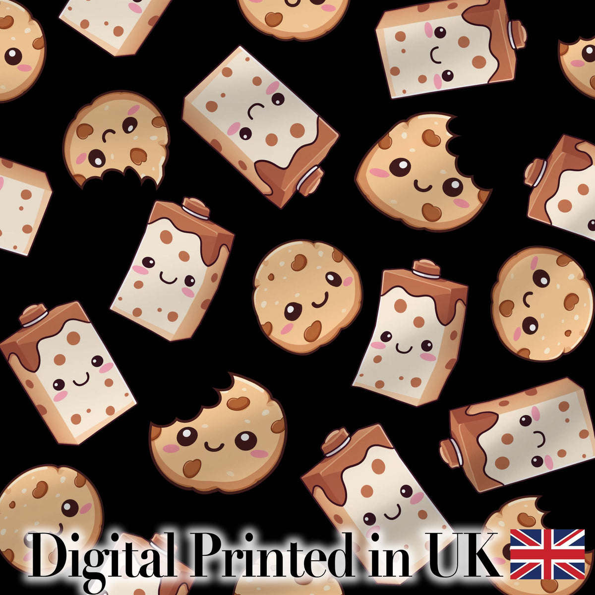 Cute Kawaii Cookies and Chocolate Milk Carton Black Background Seamless Pattern Digital Print Fabric by the Metre UK Sewing Quilting Textile